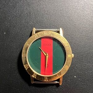 VintageGucci Gold-Tone Watch Case with Green Dial and Red Stripe